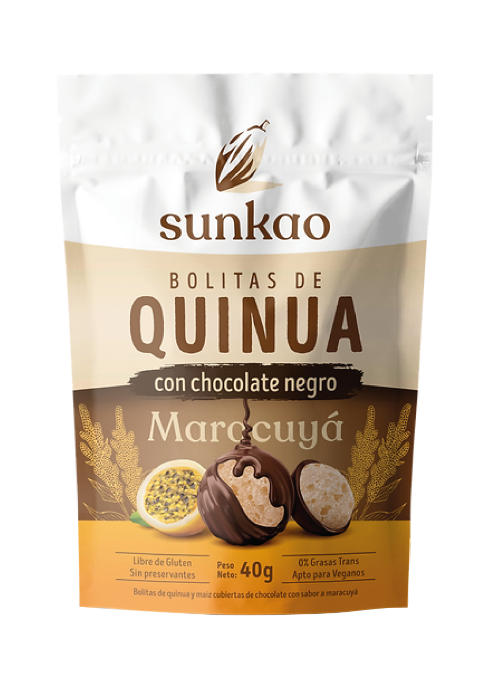 Bolitas De Quinoa Y Maíz Cubiertas Con Chocolate sabor Maracuyá Sunkao 40g